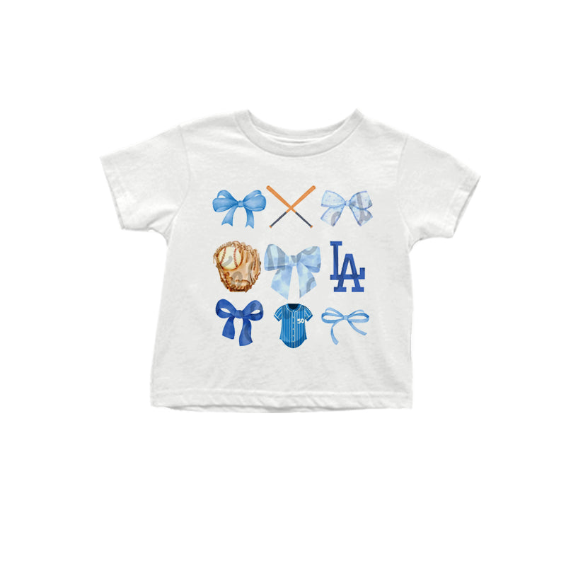 MOQ 3 pcs White blue bow L A baseball kids team shirt