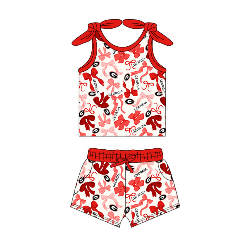 MOQ 3 pcs sleeveless red G bow top shorts girls team clothes