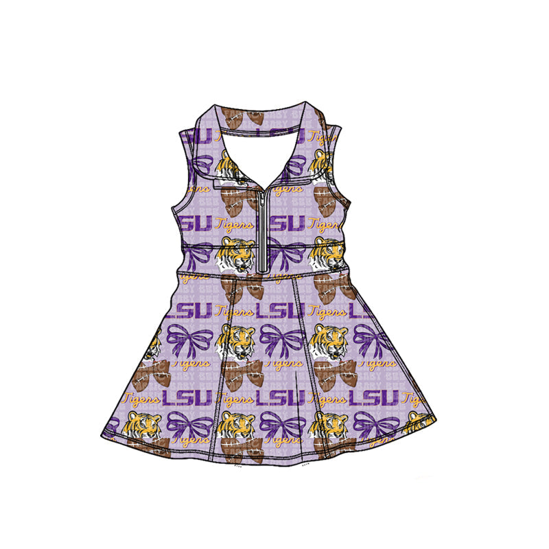 MOQ 5 pcs sleeveless tiger bow girls zipper team athletic dress