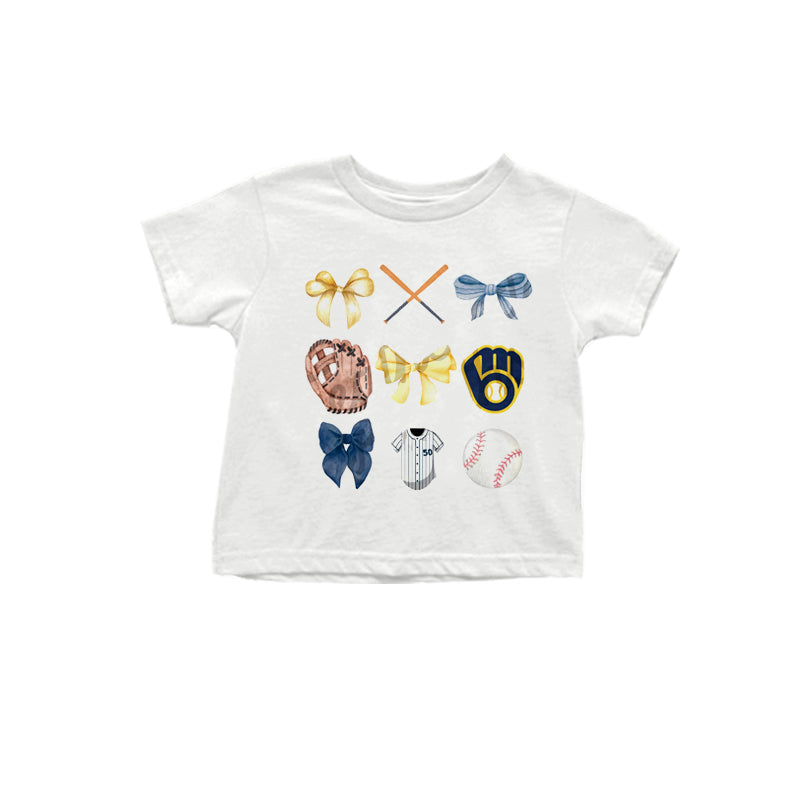 MOQ 3 pcs White gold blue bow baseball kids team shirt