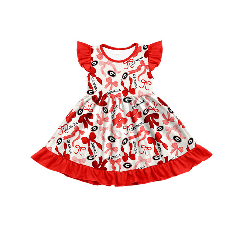 MOQ 3 pcs flutter sleeves red G bows girls team dress