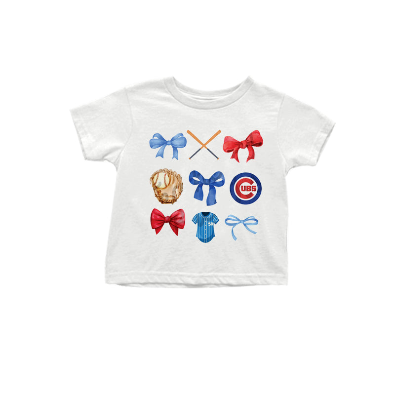 MOQ 3 pcs White red blue bow C baseball kids team shirt