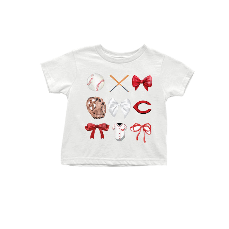 MOQ 3 pcs White red bow C baseball kids team shirt