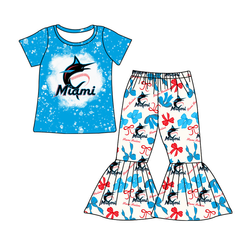 MOQ 3 pcs bleached blue M top bow pants girls team clothes