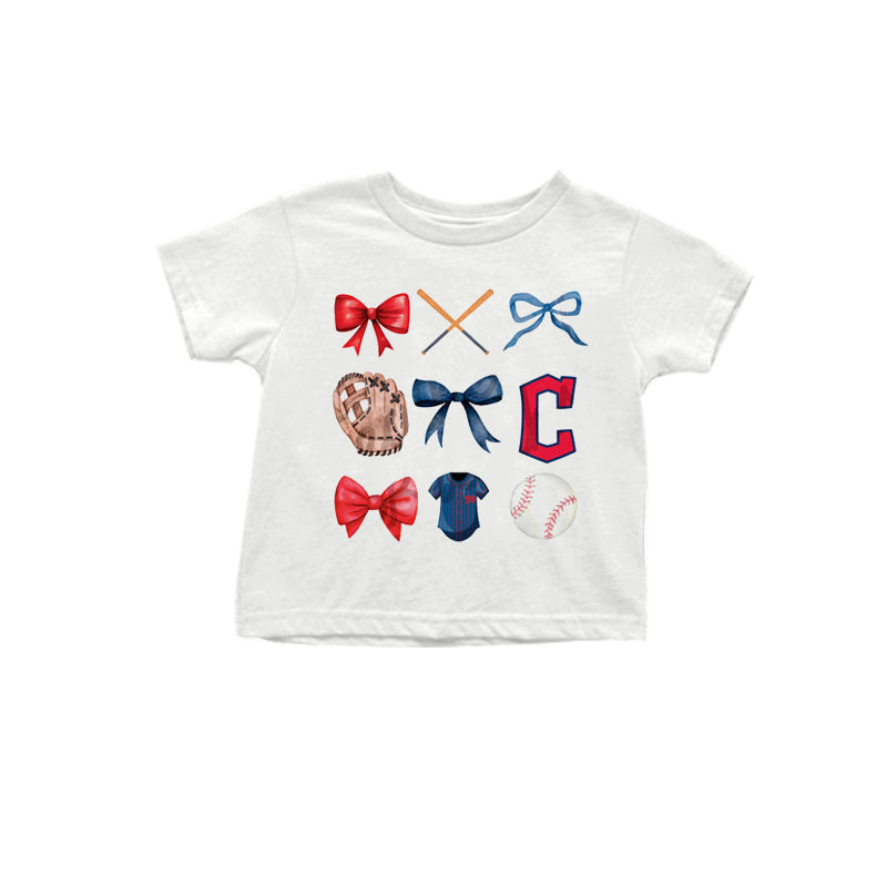 MOQ 3 pcs White red blue bow C baseball kids team shirt