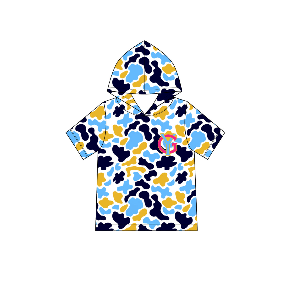 MOQ 5 pcs gold blue camo short sleeves boys team hoodie