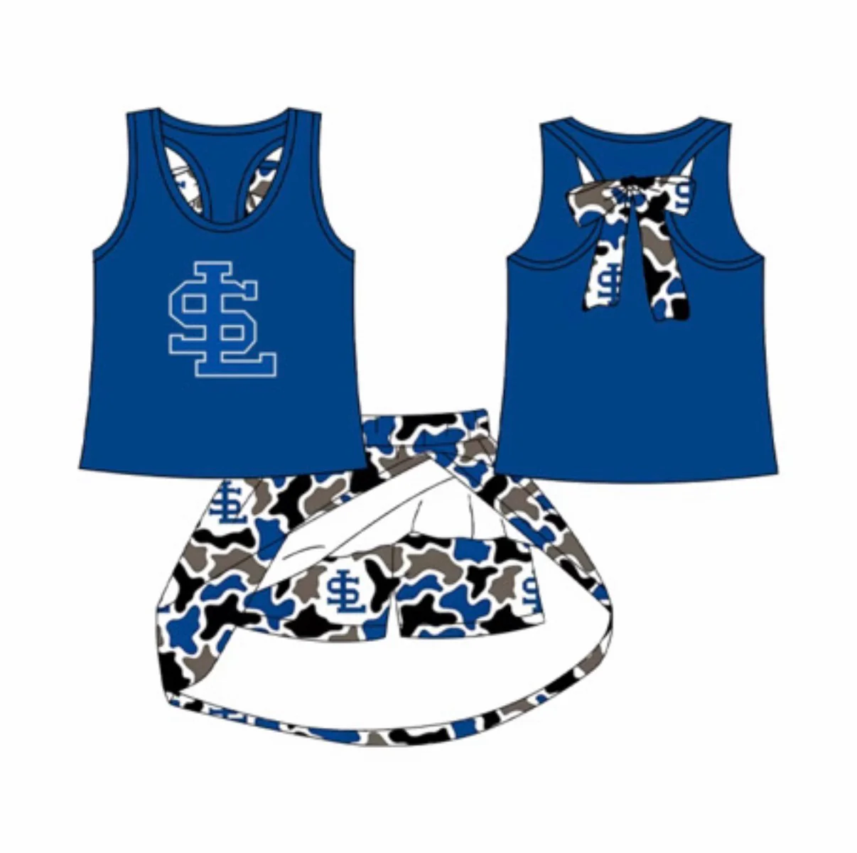 MOQ 5 pcs sleeveless S L top camo skirt girls team clothing