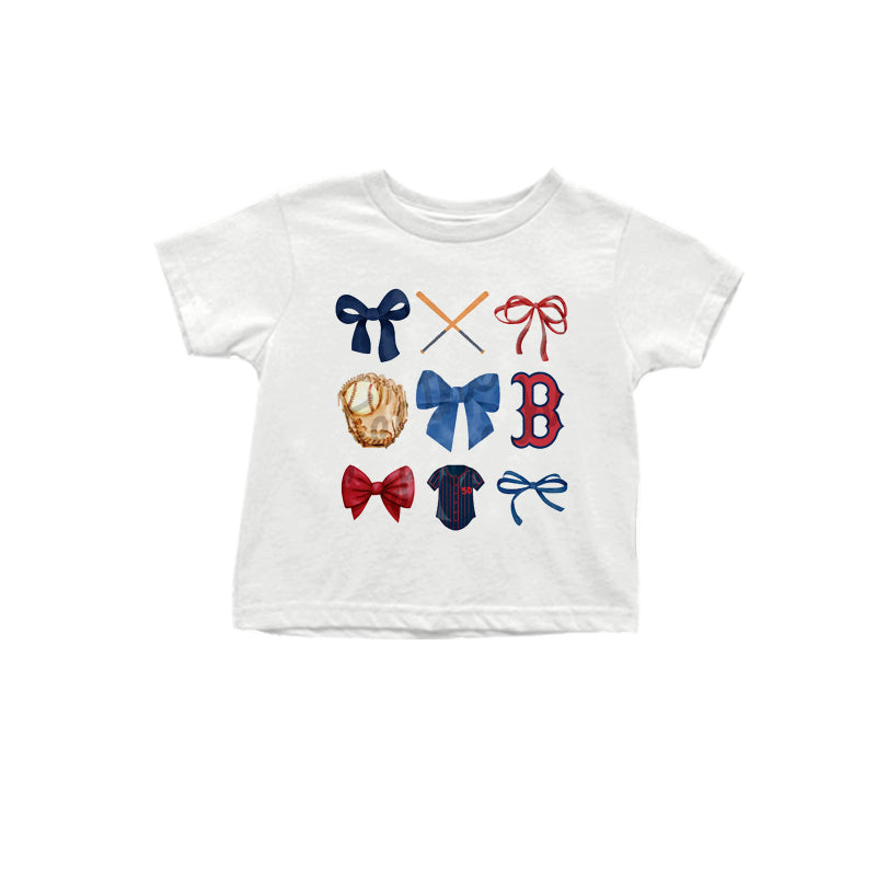 MOQ 3 pcs White Red blue bow B baseball kids team shirt