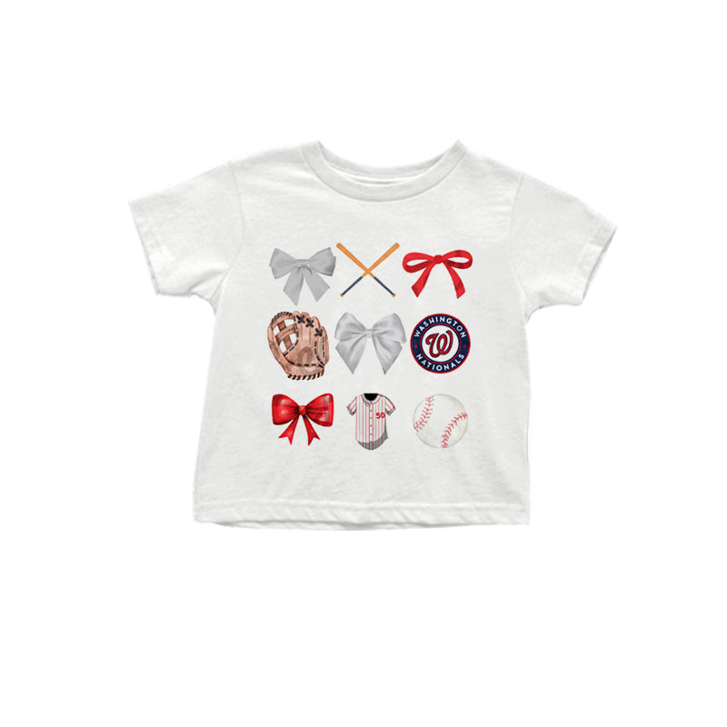 MOQ 3 pcs White red bow W baseball kids team shirt