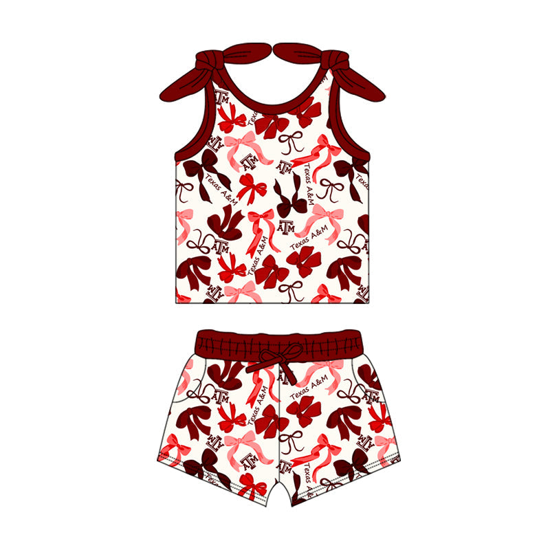 MOQ 3 pcs sleeveless A T M bow top shorts girls team clothes