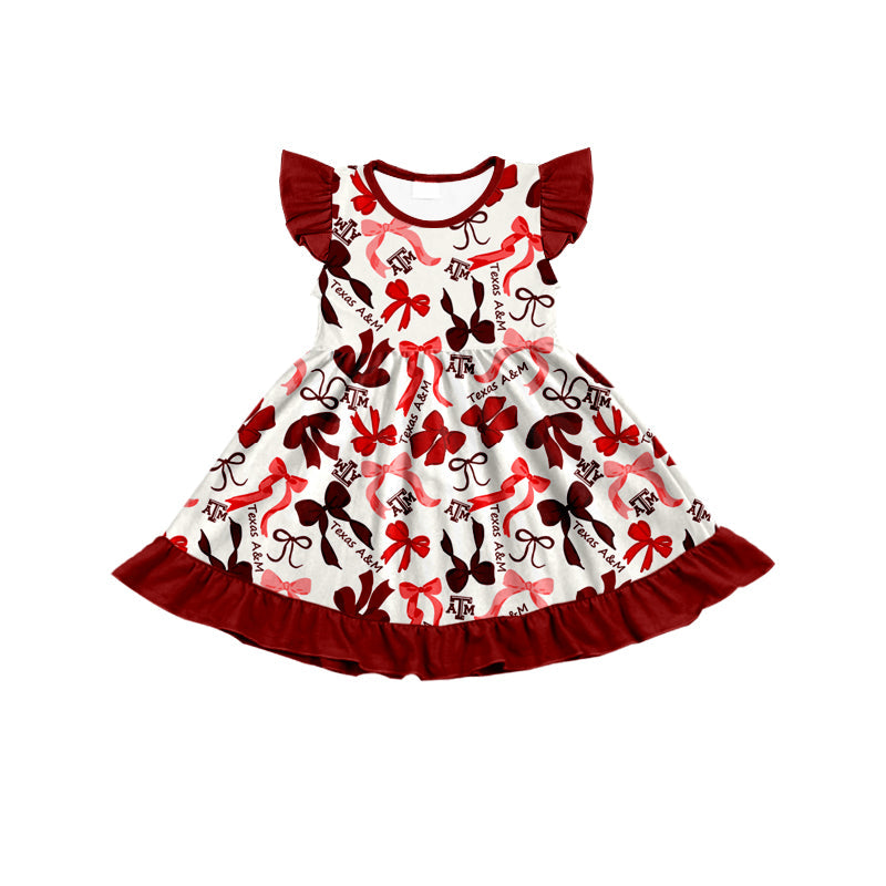 MOQ 3 pcs flutter sleeves A T M bows girls team dress