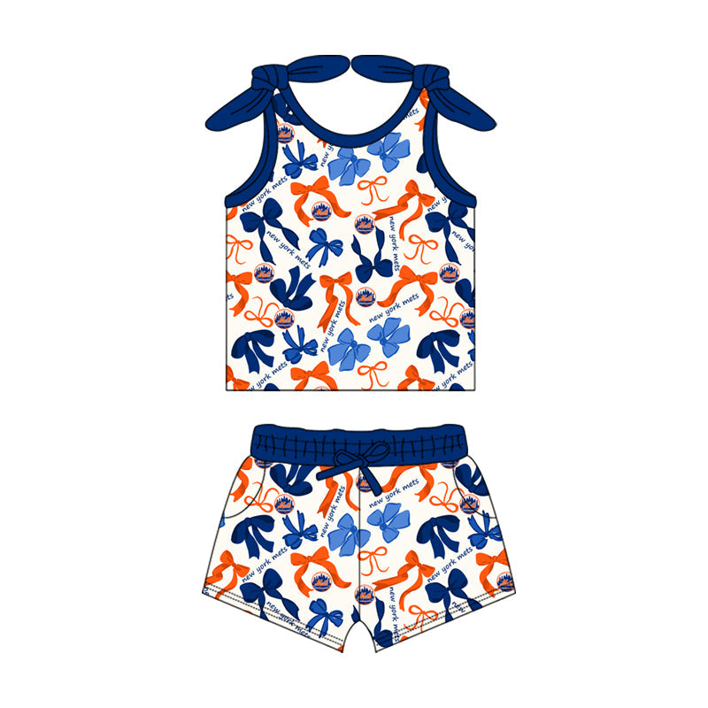 MOQ 3 pcs sleeveless blue orange bow top shorts girls team clothes