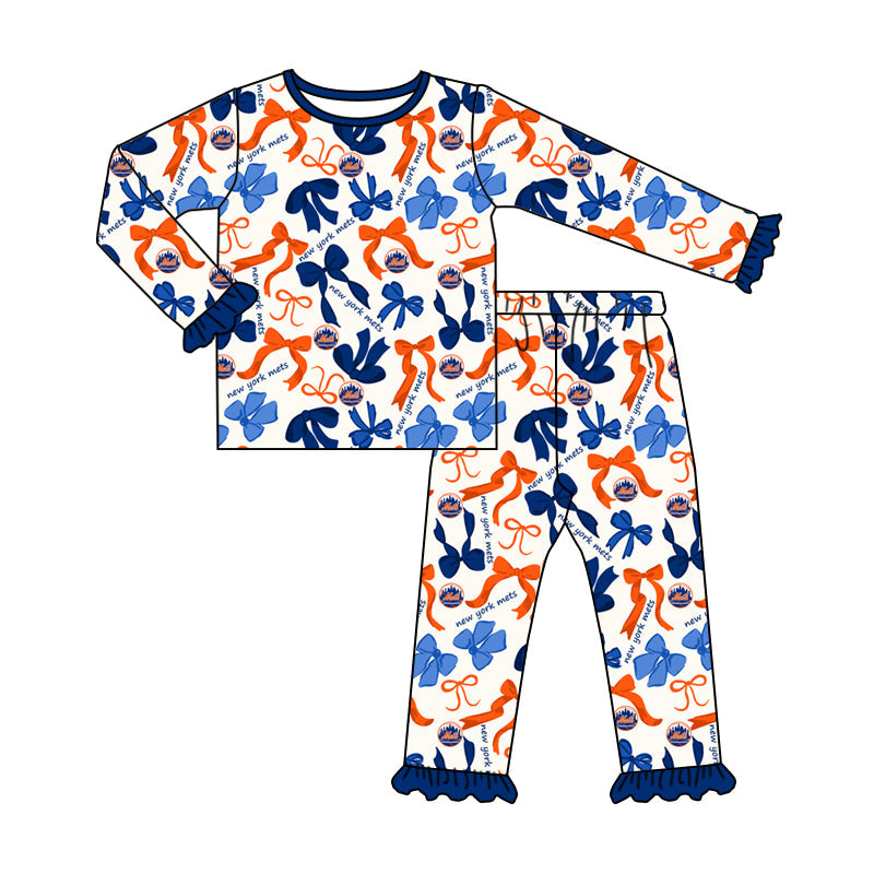 MOQ 3 Long sleeves orange blue bow kids girls team pajamas