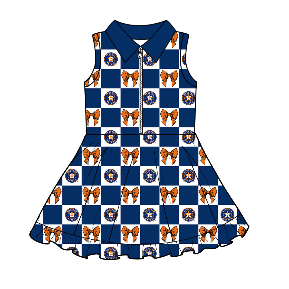 MOQ 5 pcs sleeveless plaid bow H girls team athletic polo dress