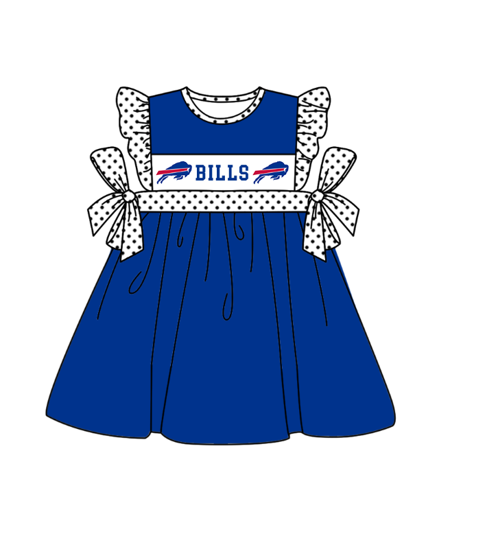 MOQ 5 pcs blue flying sleeves white polka dots bow B girls team dresses
