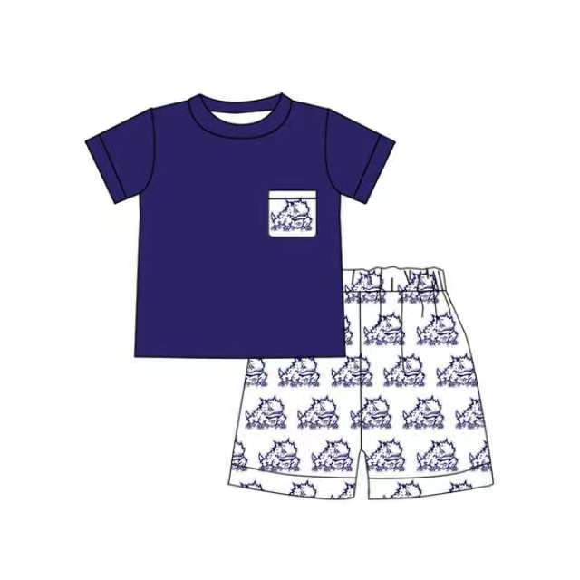 MOQ 5 pcs frog short sleeves top orange shorts boys team clothes