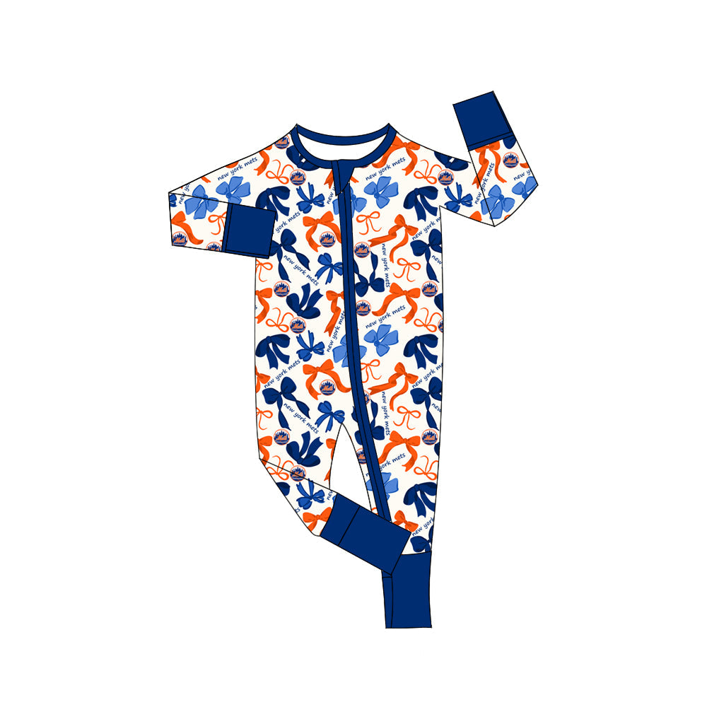 MOQ 3 pcs long sleeves orange blue bows baby team zip romper