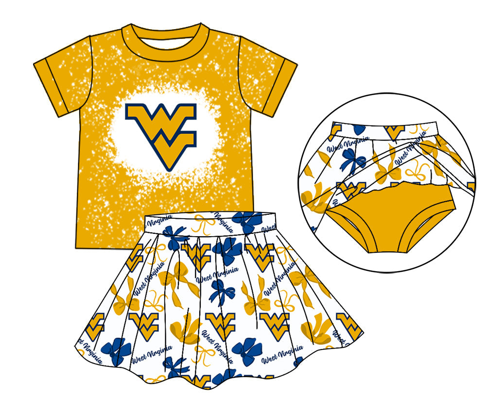 MOQ 3 pcs W V bleached top bow skirt girls team outfits