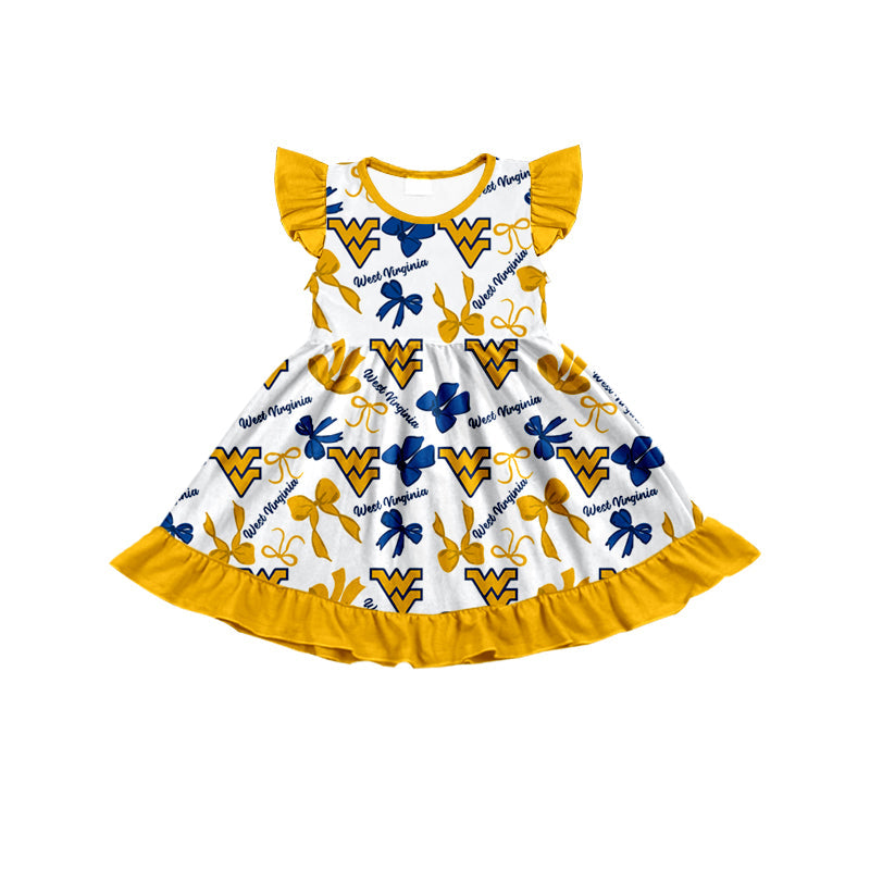 MOQ 3 pcs flutter sleeves W V bows girls team dress