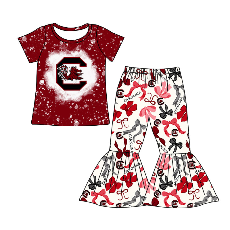 MOQ 3 pcs Bleached maroon top bow pants kids girls team clothes