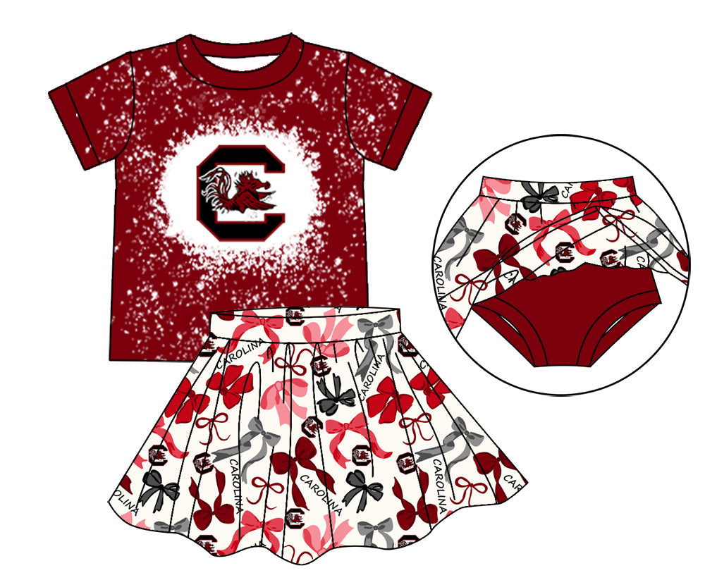 MOQ 3 pcs maroon bleached top bow skirt girls team outfits