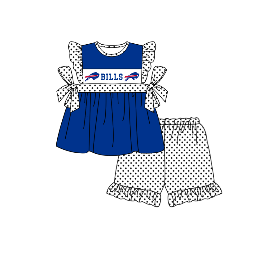 MOQ 5 pcs blue bow BILLS tunic white polka dots ruffle shorts girls team outfit