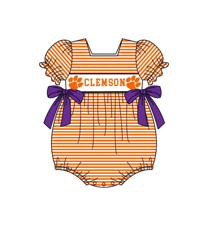 MOQ 5 pcs orange stripe purple bow short sleeves baby girls team romper