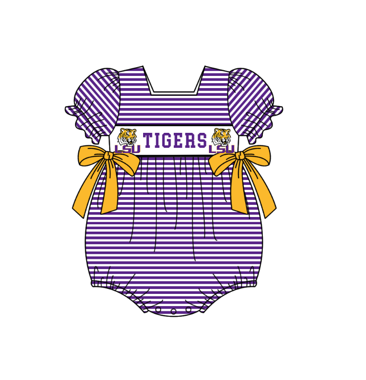 MOQ 5 pcs purple stripe LSU short sleeves baby girls team romper