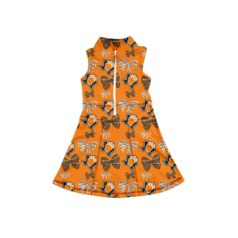 MOQ 5 pcs sleeveless orange football bow girls team athletic dress