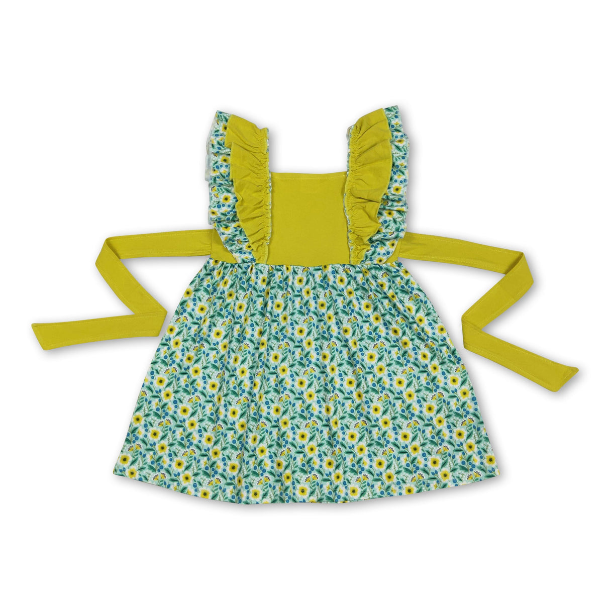 Flutter sleeves floral belt kids girls dresses