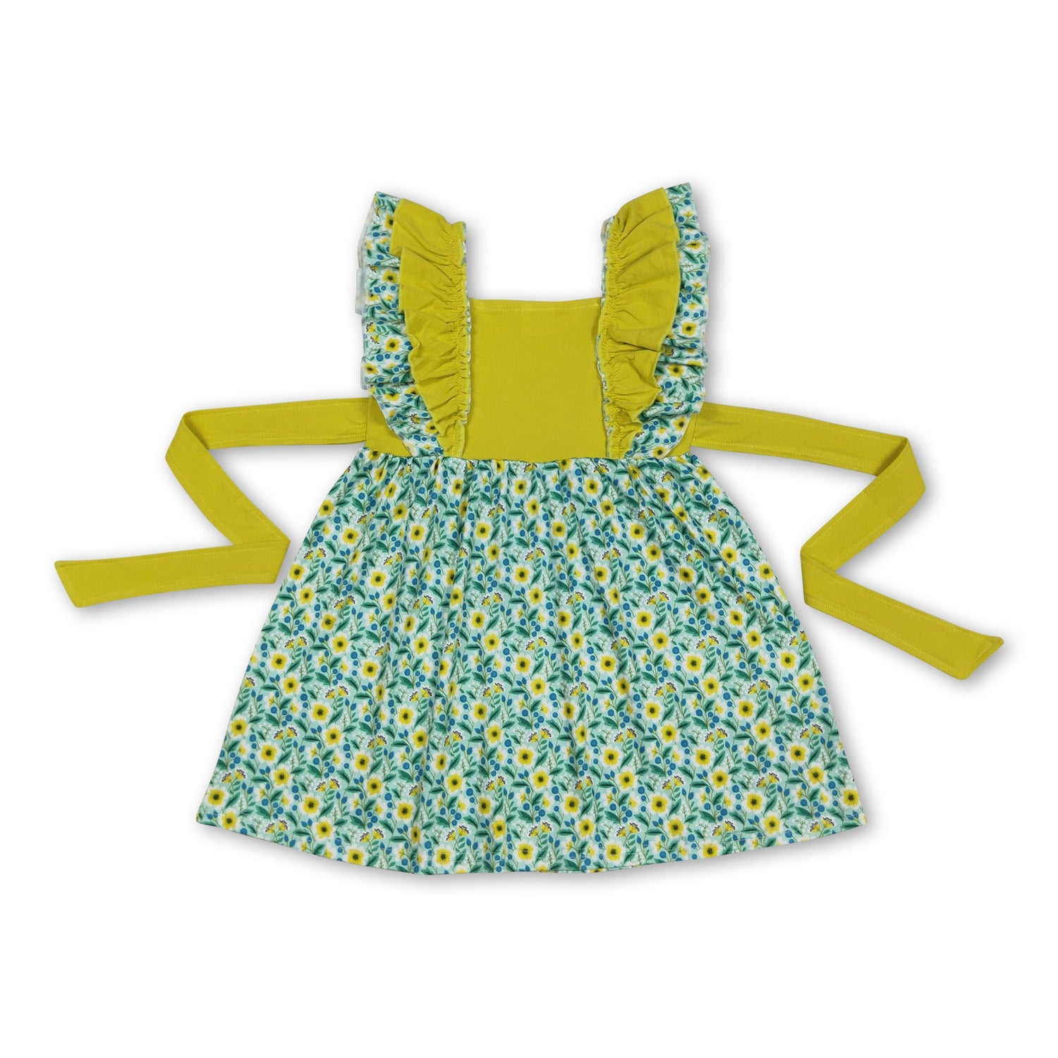 Flutter sleeves floral belt kids girls dresses