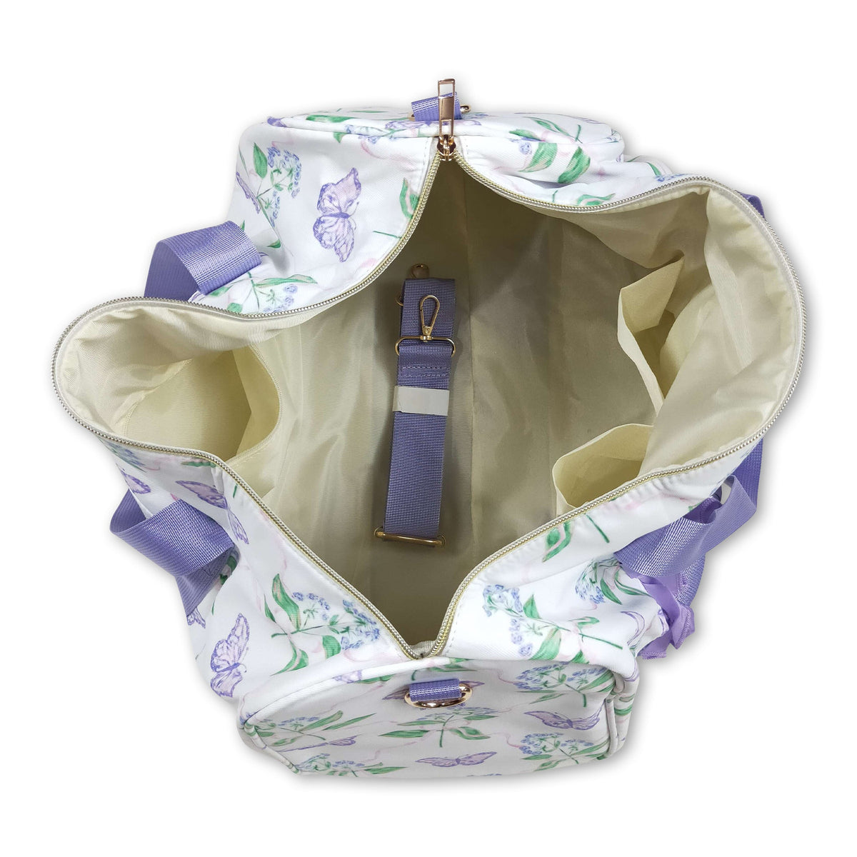 Lavender ruffle band floral butterfly women duffel bag