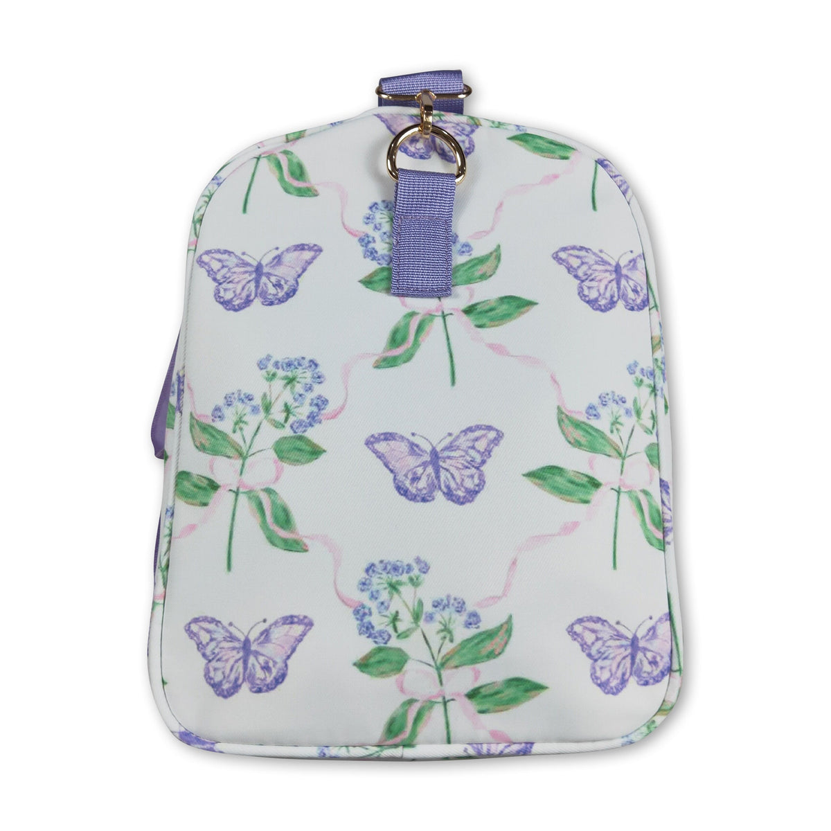 Lavender ruffle band floral butterfly women duffel bag