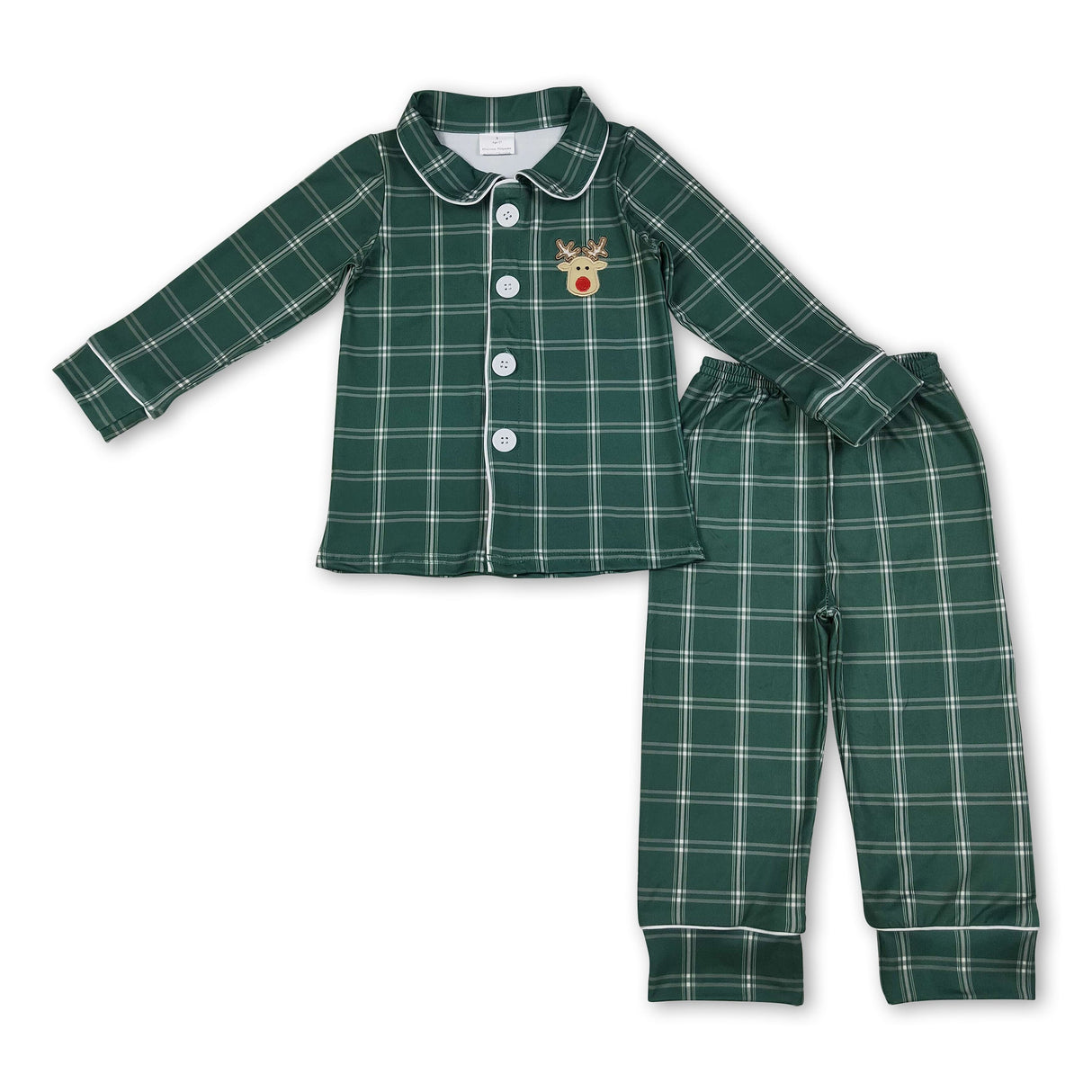 Green plaid deer boys Christmas button down pajamas