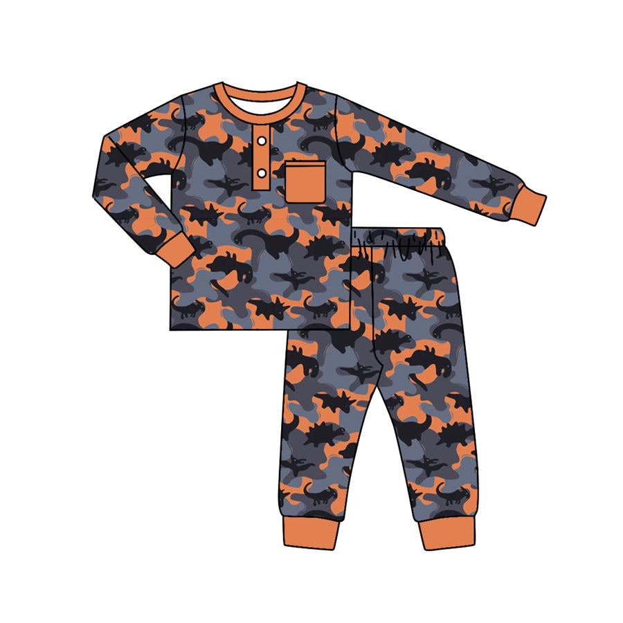 Orange pocket long sleeves dinosaur camo kids boys pajamas