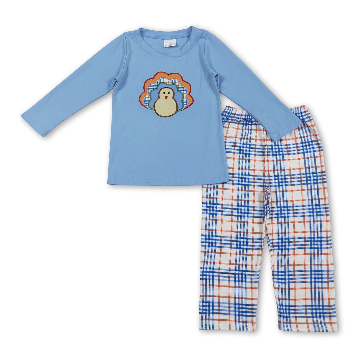 Long sleeves turkey top plaid pants boys Thanksgiving set