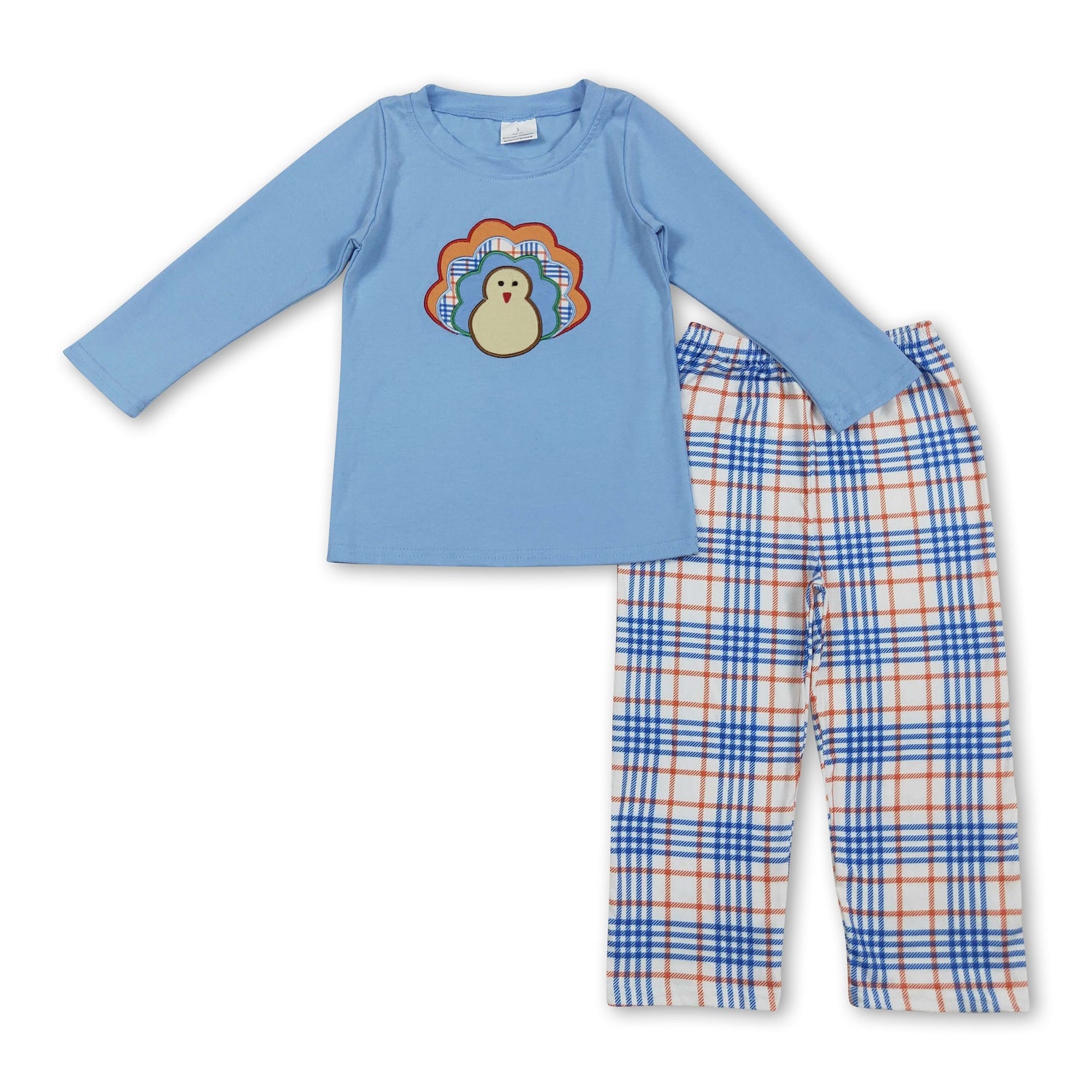 Long sleeves turkey top plaid pants boys Thanksgiving set