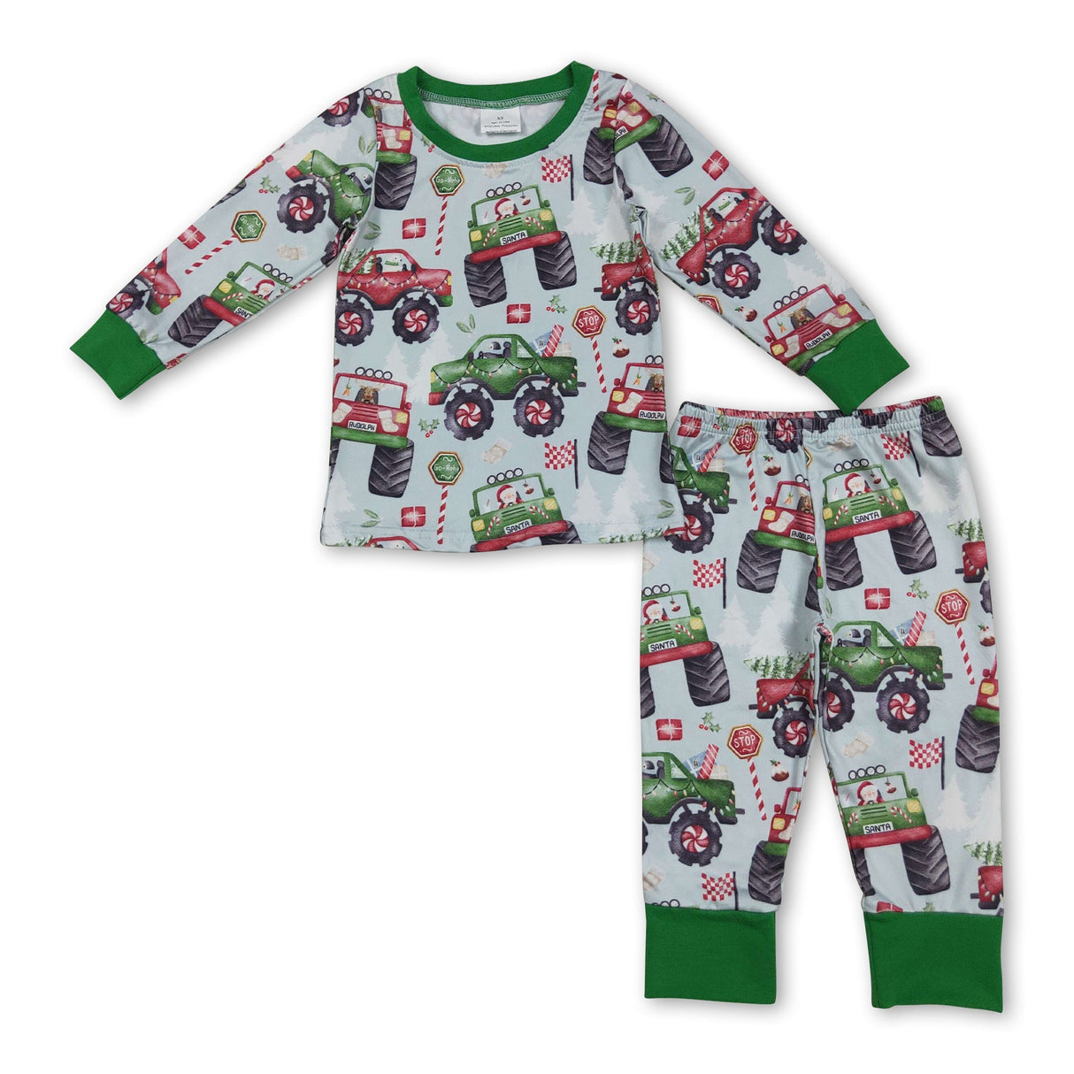 Red green cars santa kids boys Christmas pajamas