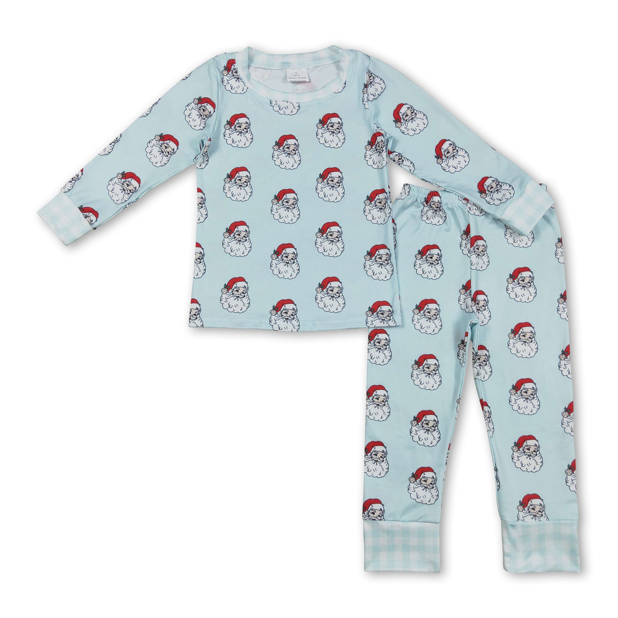 Plaid long sleeves light blue santa boy Christmas pajamas