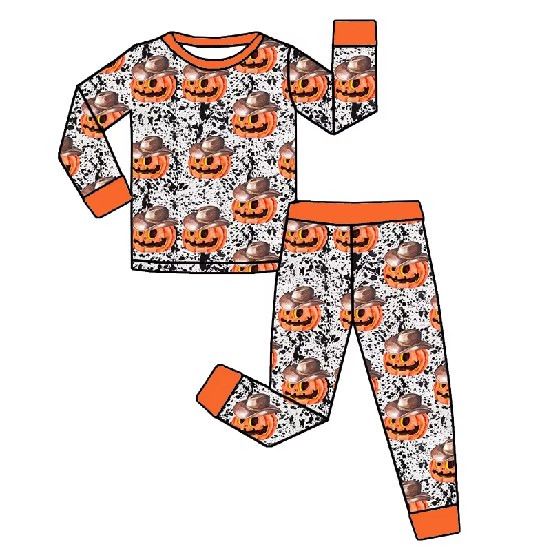 Pumpkin hat cow print boys western Halloween pajamas