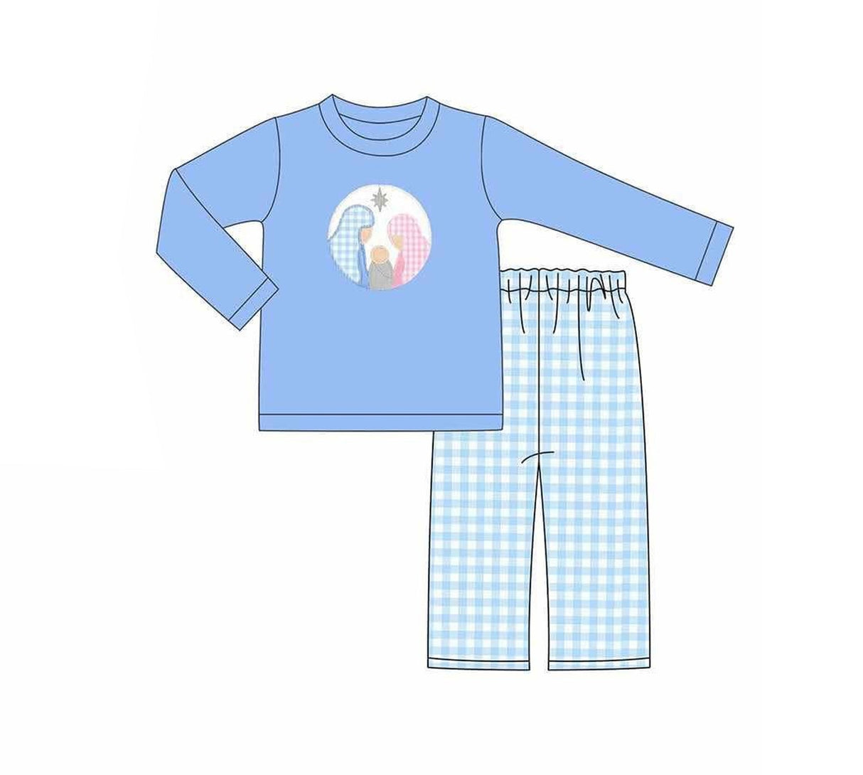 Blue nativity top plaid pants boys Christmas pajamas