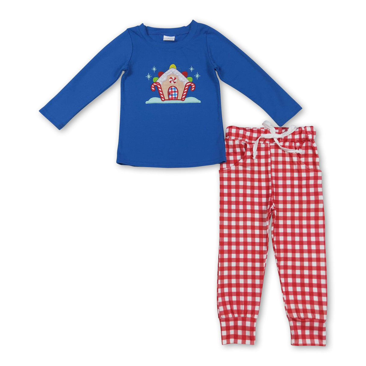 Blue candy cane house top plaid pants boys Christmas set