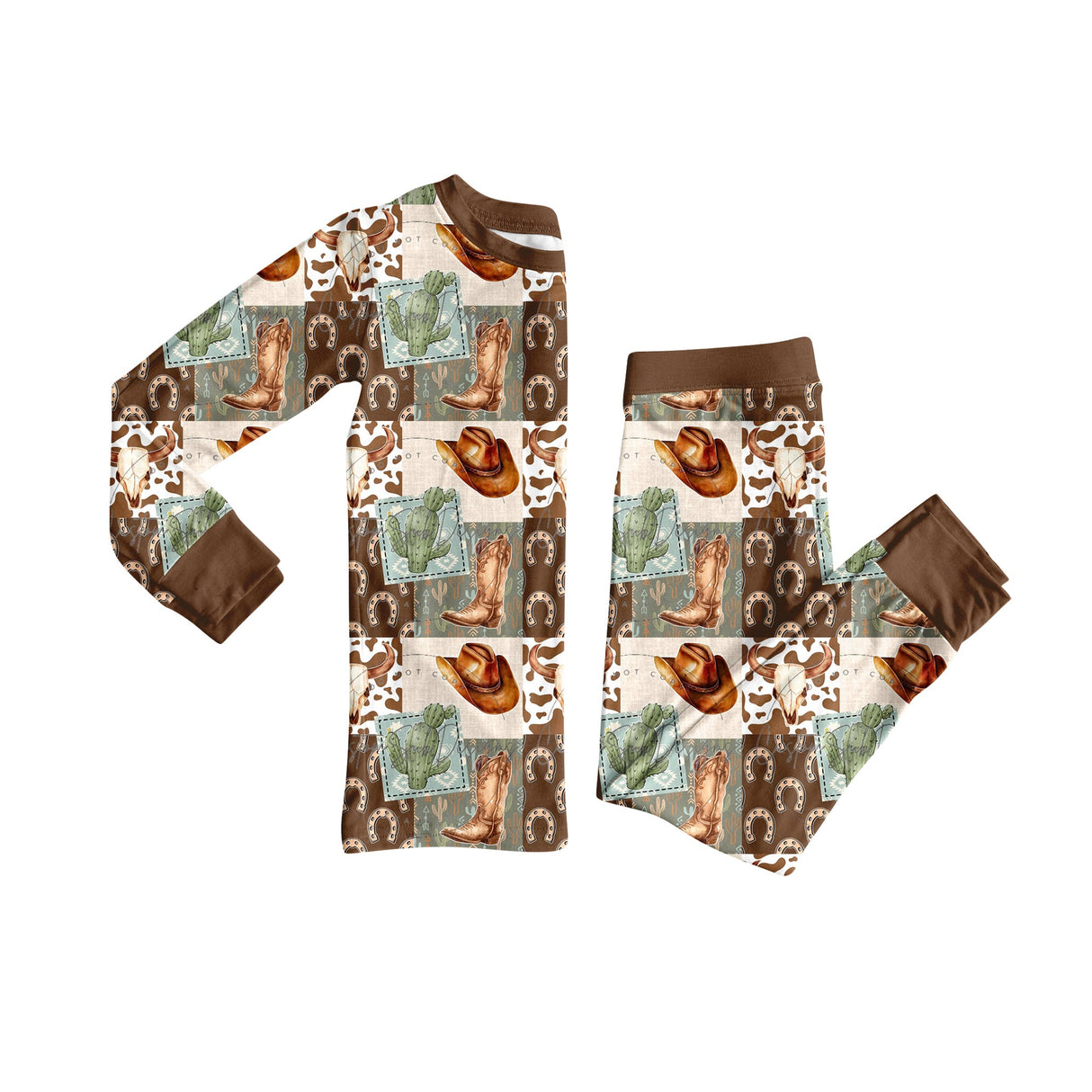 Brown long sleeves cactus boots western boy pajamas