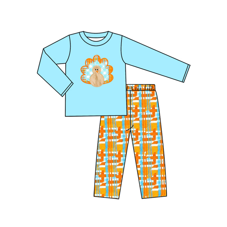Long sleeves blue turkey top pants boys Thanksgiving set