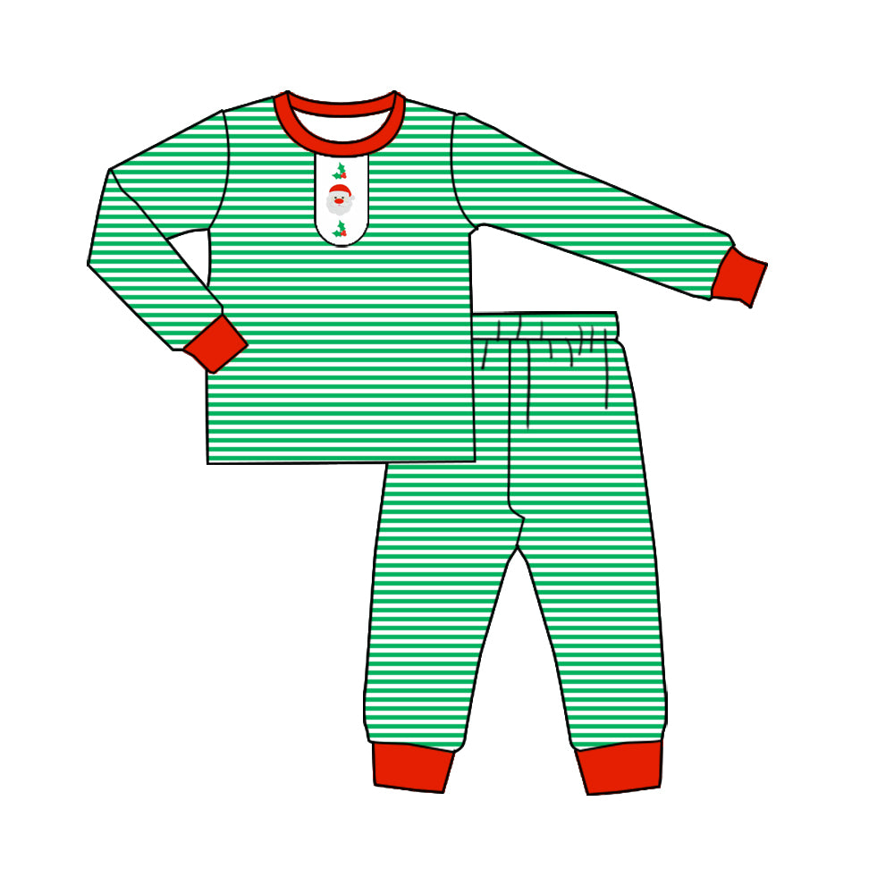 Long sleeves green stripe santa boys Christmas pajamas