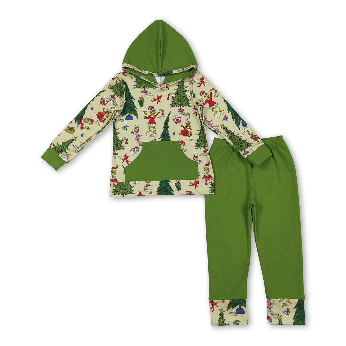 Christmas tree green face hoodie pants girls clothing set