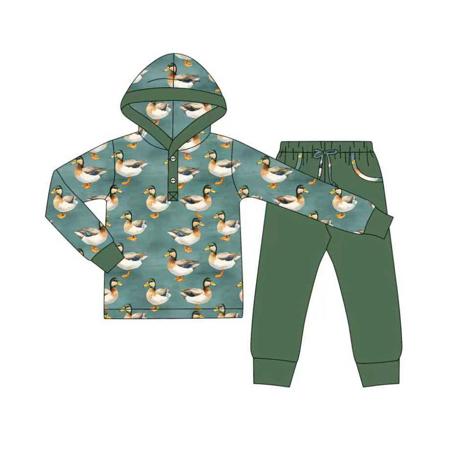 Long sleeves duck hoodie green pants boys clothing set