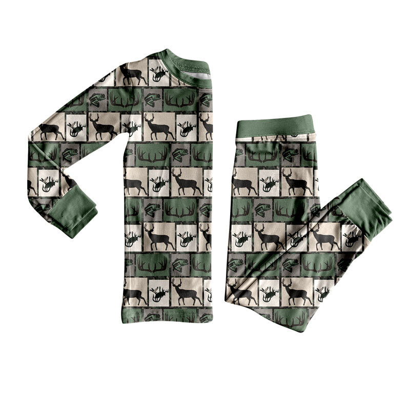 Green long sleeves deer fishing top pants hunting boy pajamas