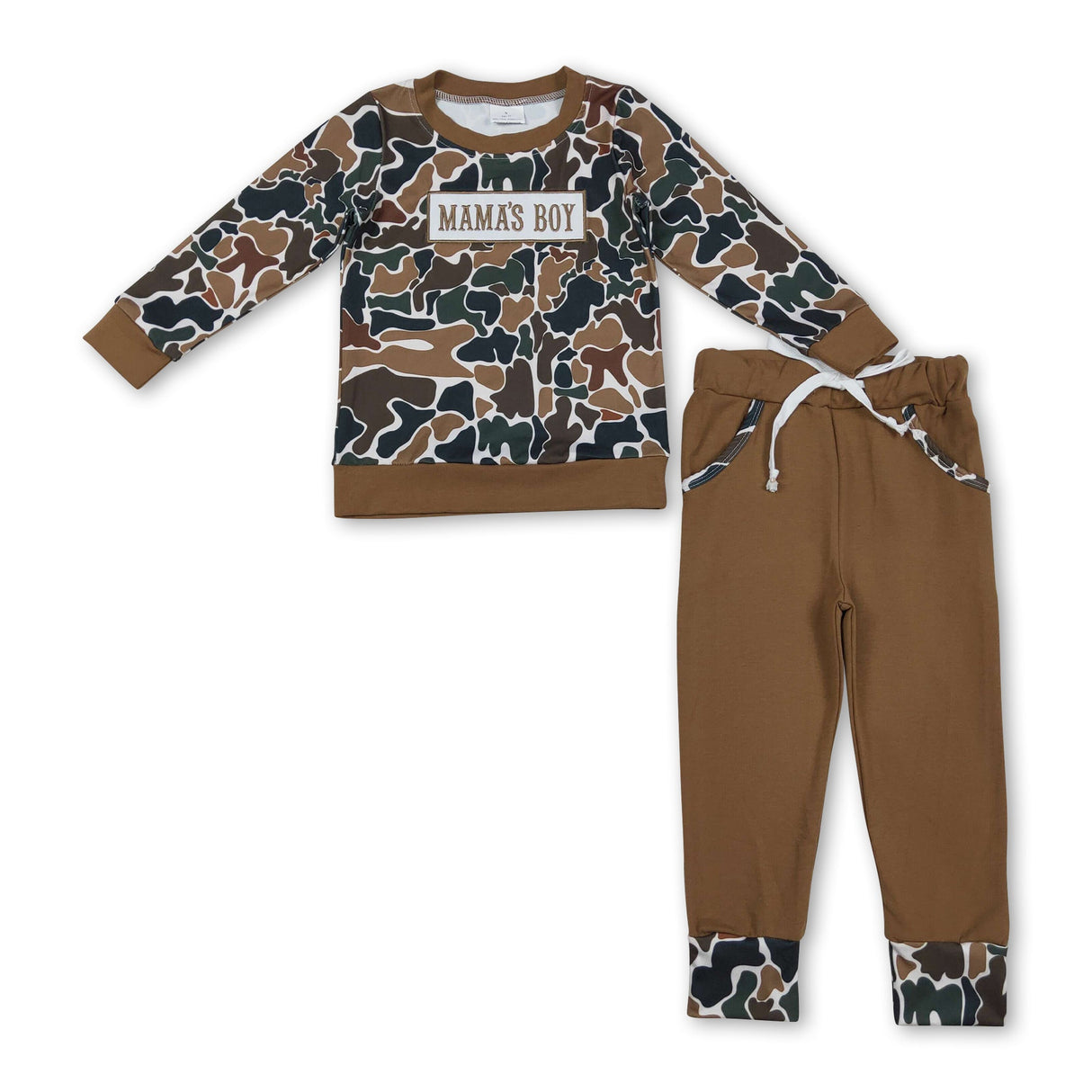Mama's boy brown camo top pocket pants children outfits