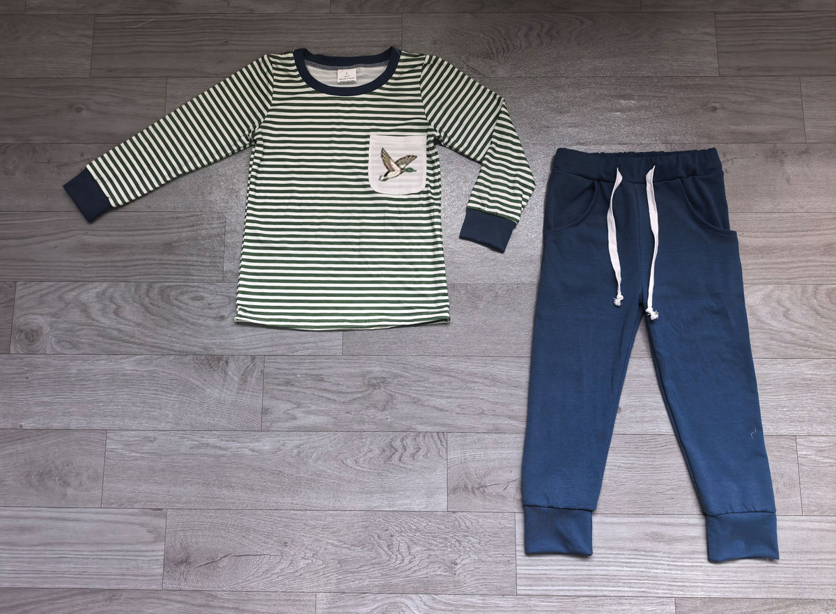 Duck embroidery pocket stripe top pants boys outfits